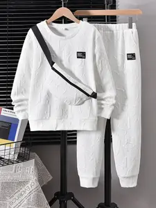 Two-piece Set Boy's Letter Print Patched Sweatshirt & Pocket Pants with Sling Bag, Casual Round Neck Long Sleeve Pullover & Trousers for Fall, Kids Clothes for Daily Wear Youth Kits Outfit Sweatpants
