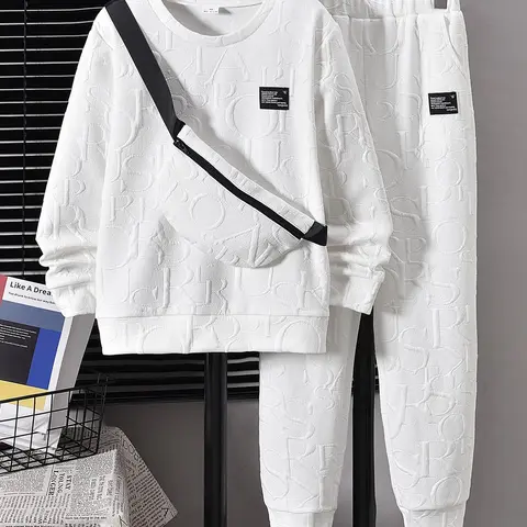 Two-piece Set Boy's Letter Print Patched Sweatshirt & Pocket Pants with Sling Bag, Casual Round Neck Long Sleeve Pullover & Trousers for Fall, Kids Clothes for Daily Wear, Matching Outfit Sets