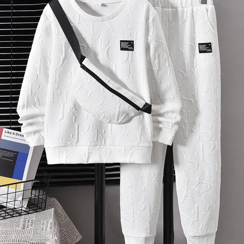 Two-piece Set Boy's Letter Print Patched Sweatshirt & Pocket Pants with Sling Bag, Casual Round Neck Long Sleeve Pullover & Trousers for Fall, Kids Clothes for Daily Wear, Matching Outfit Sets
