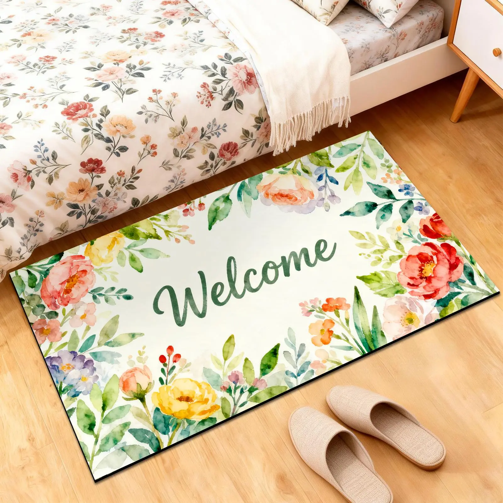 Spring Colorful Floral Welcome Doormat-INTEREST BOOM,Flower Welcome Mat 30 in,Cute Door Mats load 2.4 lb,Rubber,Washable,Anti-Slip,Spring Rugs Decor for Home/Apartments/Dorms front door&outside entry