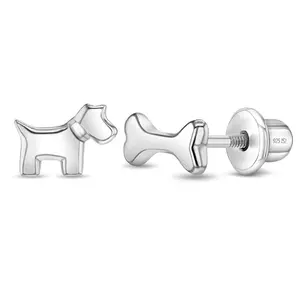 Dainty Dog and Bone Kids / Children's / Girls Earrings Screw Back - Sterling Silver