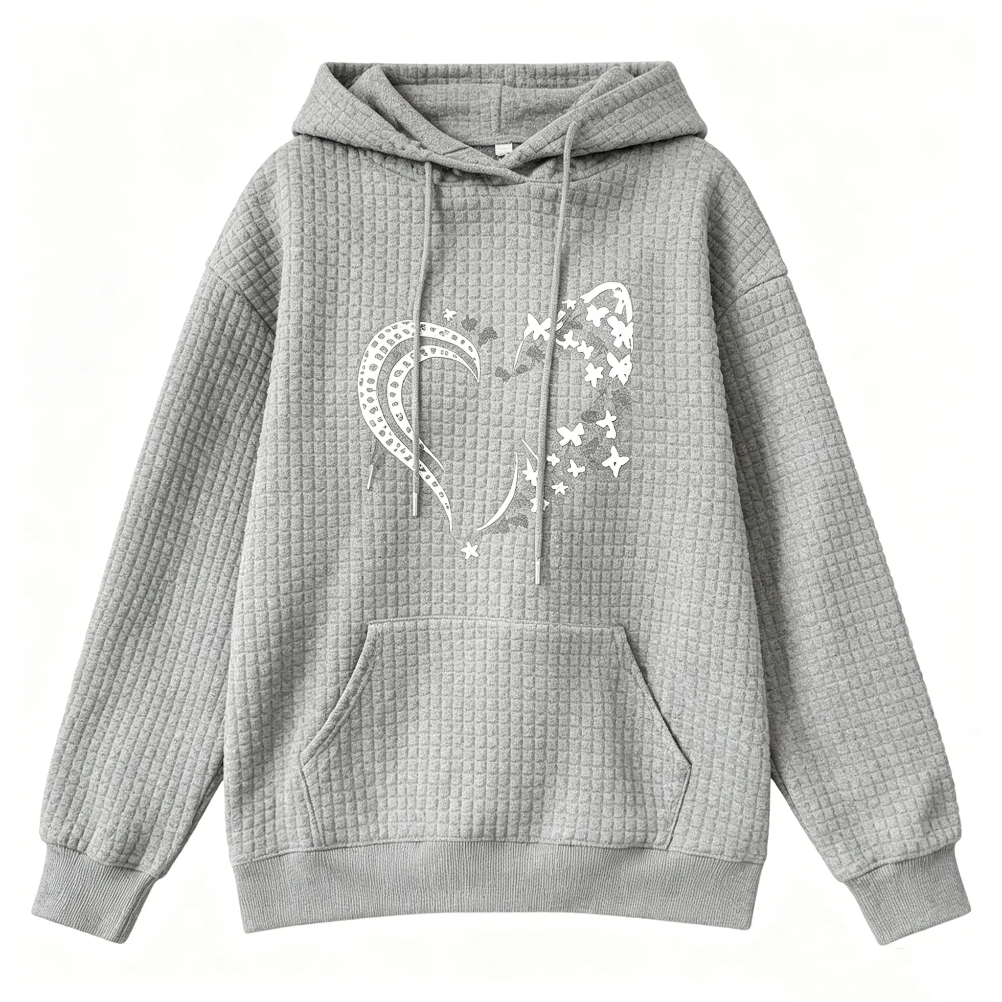 Waffle Knit Heart Butterfly Hoodie – Long Sleeve Drawstring Hooded Sweatshirt for Women,Loose Fit Casual Pullover with Kangaroo Pocket, Soft Waffle Texture Hoodie Top