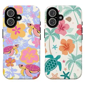 FL-Pastel Purple Pink Sea Turtle Hibiscus Phone Case, Tropical Summer Beach Shockproof Cover For iPhone 11 12 13 14 15 16 17 Air Pro Max for Samsung S26 S25 S24 S23 S22 S21 Case,Gift for fans