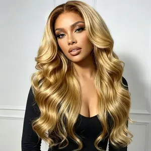 UNice 7x5 Bye-Bye Slip Honey Blonde with Brown Roots Body Wavy Human Hair Wigs with Face-Framing Layers