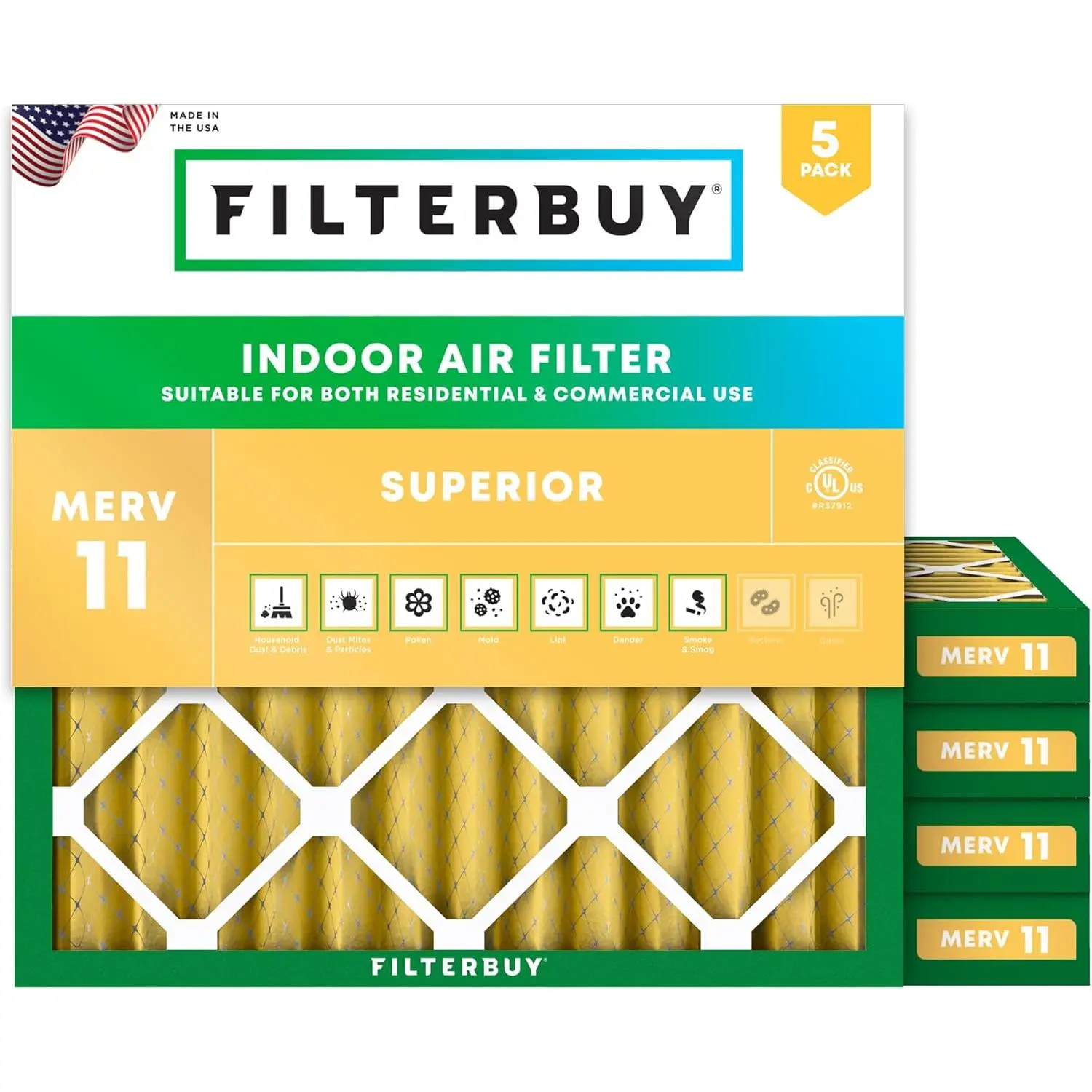 Filterbuy New Eco-Friendly Replacement HVAC AC Furnace Air Filters (5-Pack) - 13.25x13.25x2 in, Pleated MERV 11 Allergen Defense, Electrostatically Charged Design, Endures Temperatures Up to 200°F