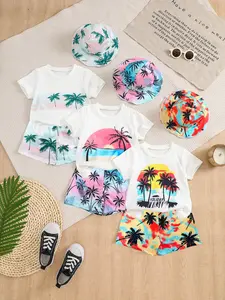 9 Piece Summer Set, Short Sleeve Top + Printed Shorts + Sun Hat, Casual Beach Style, Gradient Palm Tree Pattern, Soft Breathable Fabric