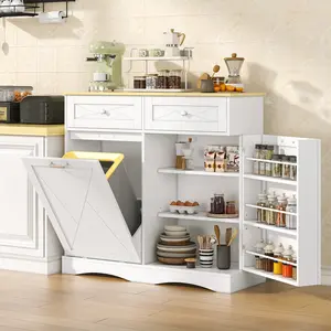 Tilt Out Trash Can Cabinet with 12 Gallon Garbage Bins Wood Hidden Tilt Out Recycling Pantry Laundry Hamper Pet Proof for Kitchen and Living Room White 5-Layer Storage