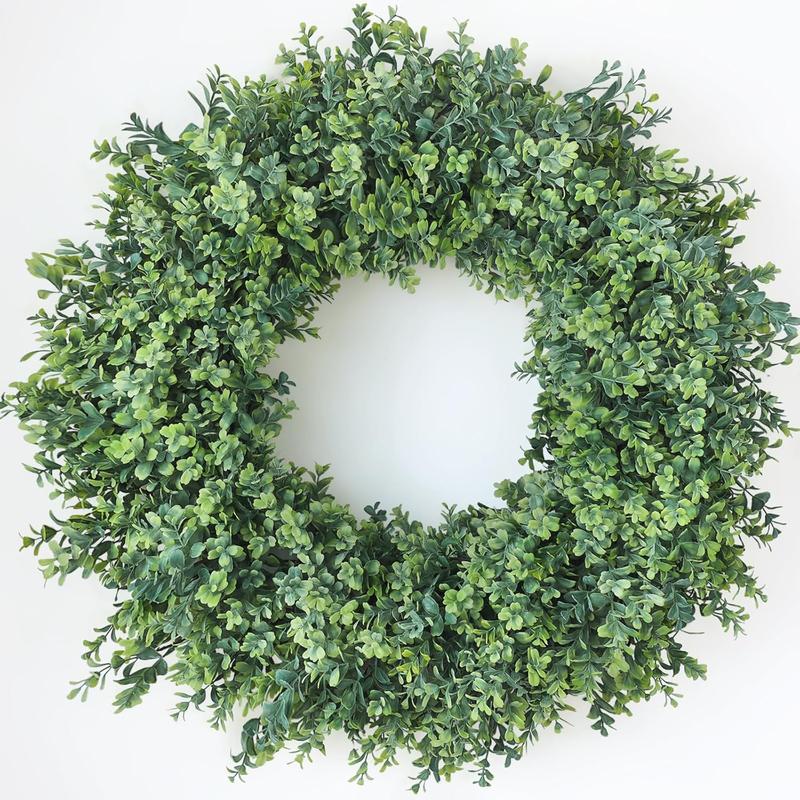 32'' Large Boxwood Wreath for Front Door, Porch, Window- Artificial Boxwood Leaves Greenery Outdoor Wreath for Home, Farmhouse Wall Decor- Spring, Summer, Fall, All Seasons (Green)