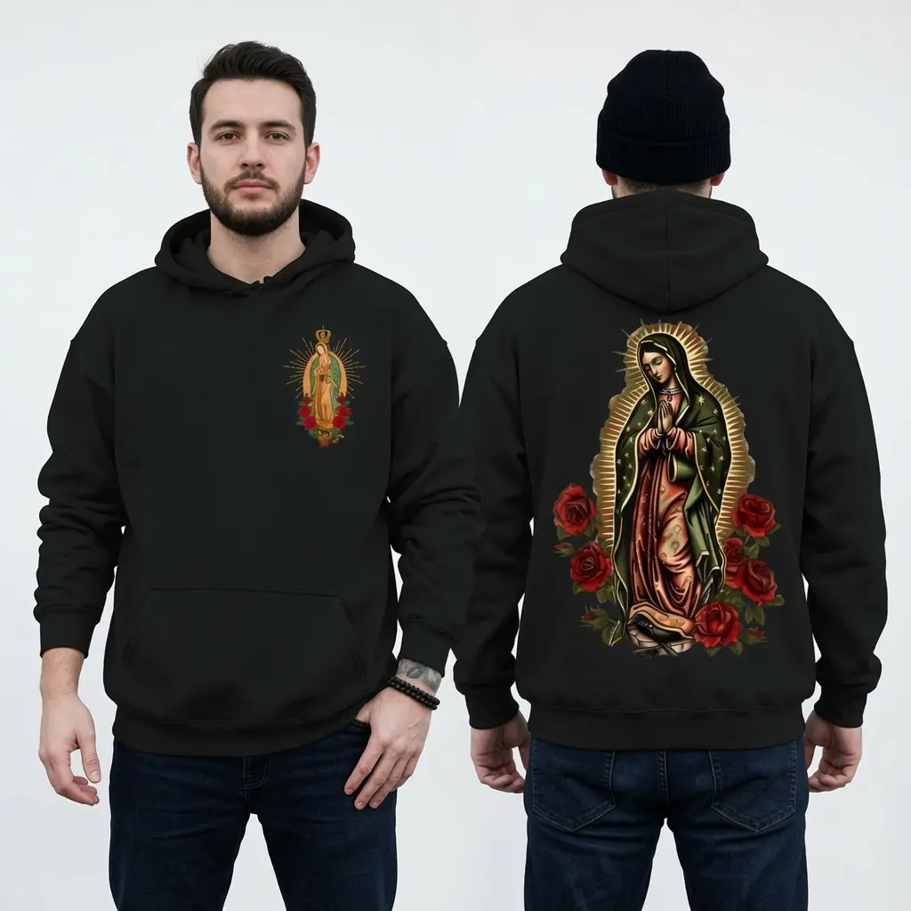 Our Lady of Guadalupe Unisex Hoodie, Casual Chicano Religious Pullover Sweatshirt, Soft Seamless Cotton Blend with Long Sleeves, Casual Hoodies & Sweatshirts, Chicano Women's Hoodies