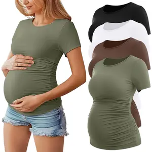 VVH Huukeay 4 Pack Women's Maternity Shirts, Crew Neck Maternity Top Short Sleeve Casual Cotton Tee Side Ruched Pregnancy Clothes