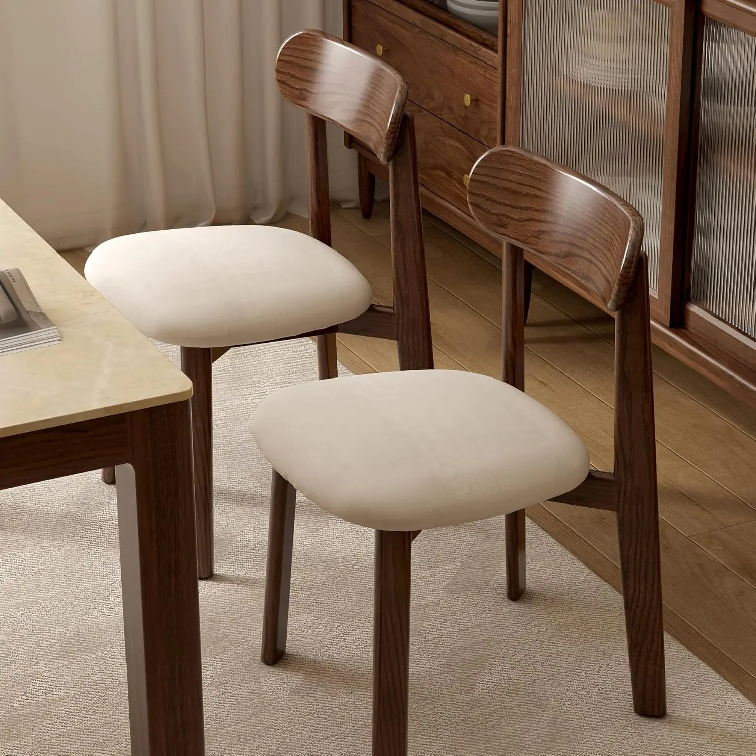 YESWOOD Oak Upholstered Dining Chairs Set, Mid Century Modern Wood Dining Chairs with Curved Back, Farmhouse Wooden Kitchen Chair With Removable Cushion for Dining Room, Living Room, Study