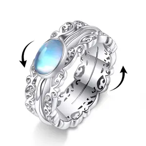 S925 sterling silver moonstone rotating ring jewelry 6-9 sizes