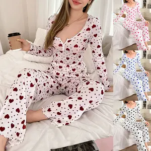 Women's pajamas, home floral pajamas, long-sleeved long-pants set