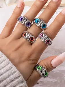 5Pcs Demon Eye Owl Finger Stacking Ring Set Colorful Retro Open Adjustable Animal Statement Multi Ring for Women Men Couple Jewelry