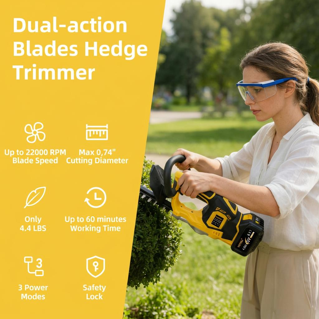 21V Power Cordless Electric Hedge Trimmer - Cordless Trimmer with Dual Safety Locks, Low Vibration, 3 Power Modes, 4.4 lbs Lightweight, 22000 RPM, Easy Maintenance, Splash Guard, Fast Charger - For Hedge, Shrub Pruning in Courtyards, Gardens