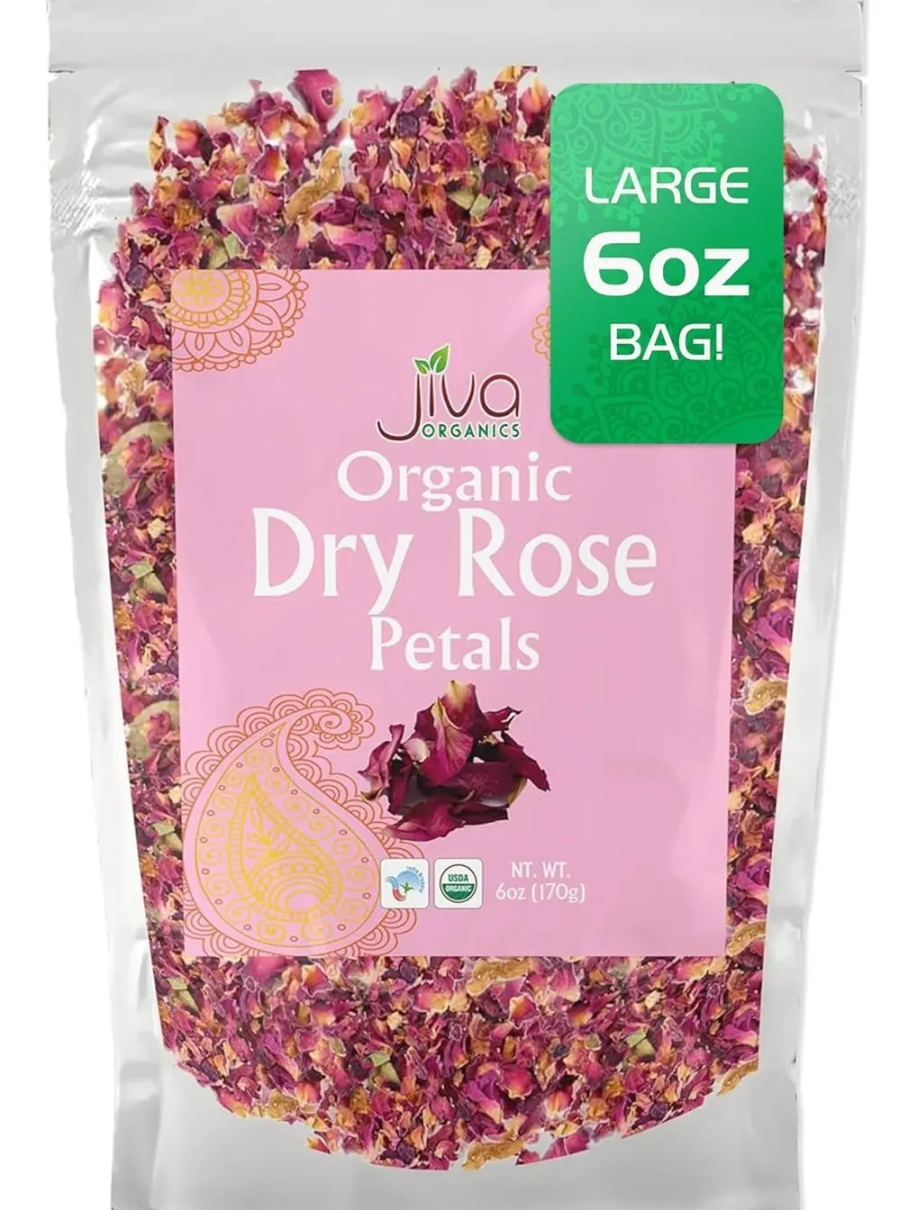 Jiva USDA Organic Dried Red Rose Petals 6 Oz (170g) Large Bag - Food Grade, Edible Flowers - Use in Tea, Baking, Making Rose Water, Crafting, Wedding Confetti