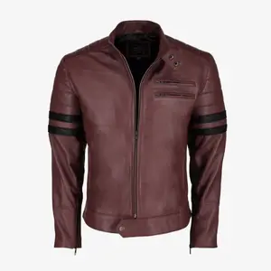 Men’s Chocolate Leather Jacket with Black Racing Stripes – Premium Moto Style Outerwear