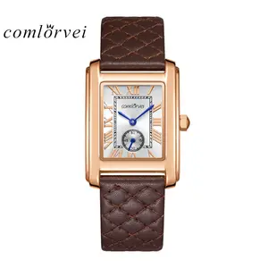 Comlorvei square women's quartz watch, classic, elegant, precise timing, waterproof genuine leather.