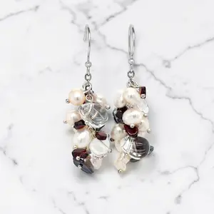 Freshwater Cultured Pearl and Garnet Earrings in 925 Sterling Silver