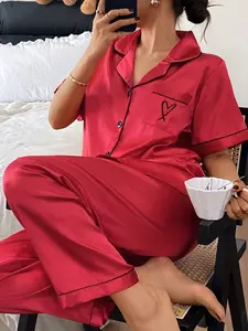Women's Valentine's Day Embroidered Heart Love Sleepwear Set, Casual Loose-Fitting Shirt and Pants Two-Piece Suit Pajamas