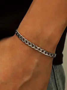 Men's Stainless Steel Silver Color Chain Bracelet, Casual Punk Style Fashion Jewelry, Perfect Party Gift for All Seasons, Stainless Steel Bracelets
