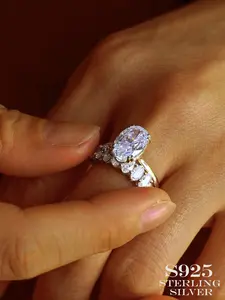 Elegant Oval Zircon Ring Set, Wedding Rings, Silver Color, Perfect Gift for Anniversaries & Valentines Day, Ideal for Daily Wear & Special Occasions