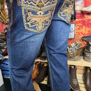 El Centenario Men's Blue Marino Embroidered Jeans Stretch Fit Classic Style