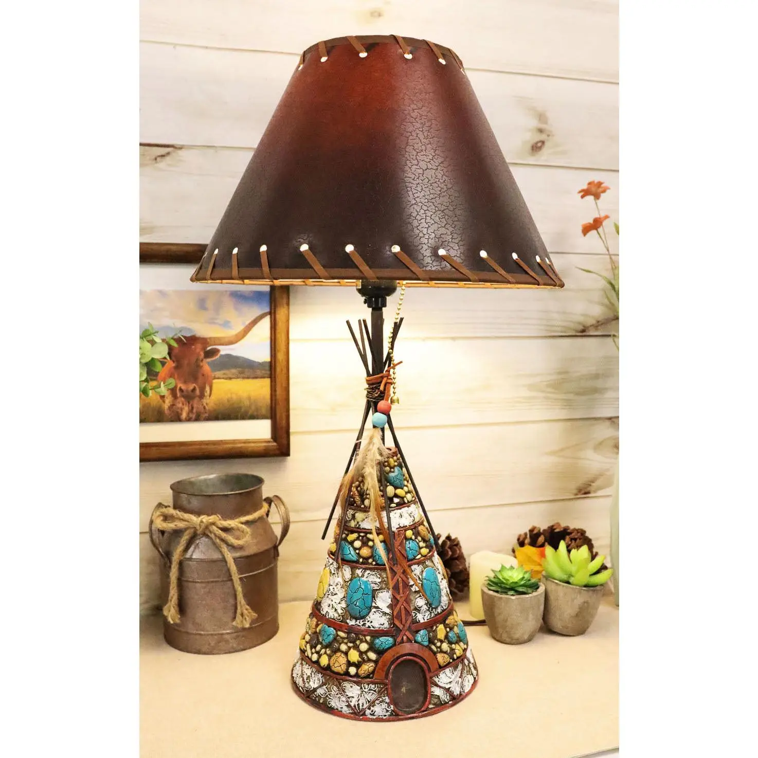 Southwestern Indian Teepee Hut Dreamcatcher Feathers Turquoise Rocks Table Lamp