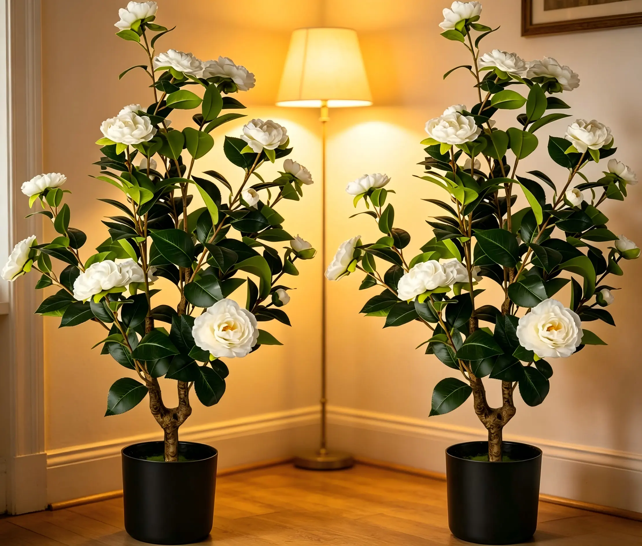 Simulation of camellia 35 inch flowering potted plants, natural and realistic petals, UV protection and maintenance-free bonsai, suitable for indoor and outdoor home decoration/gifts.