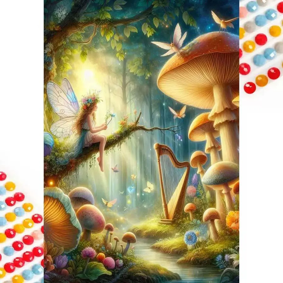 5D DIY Diamond Art Painting Kit, Fairy Mushroom Harp Mosaic Canvas Art, Home Wall Decor Gift for Birthday, Anniversary