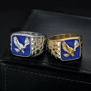 New Stainless Steel Blue Enamel Eagle Ring, Side Lava Texture, Stylish, Versatile & Super Cool