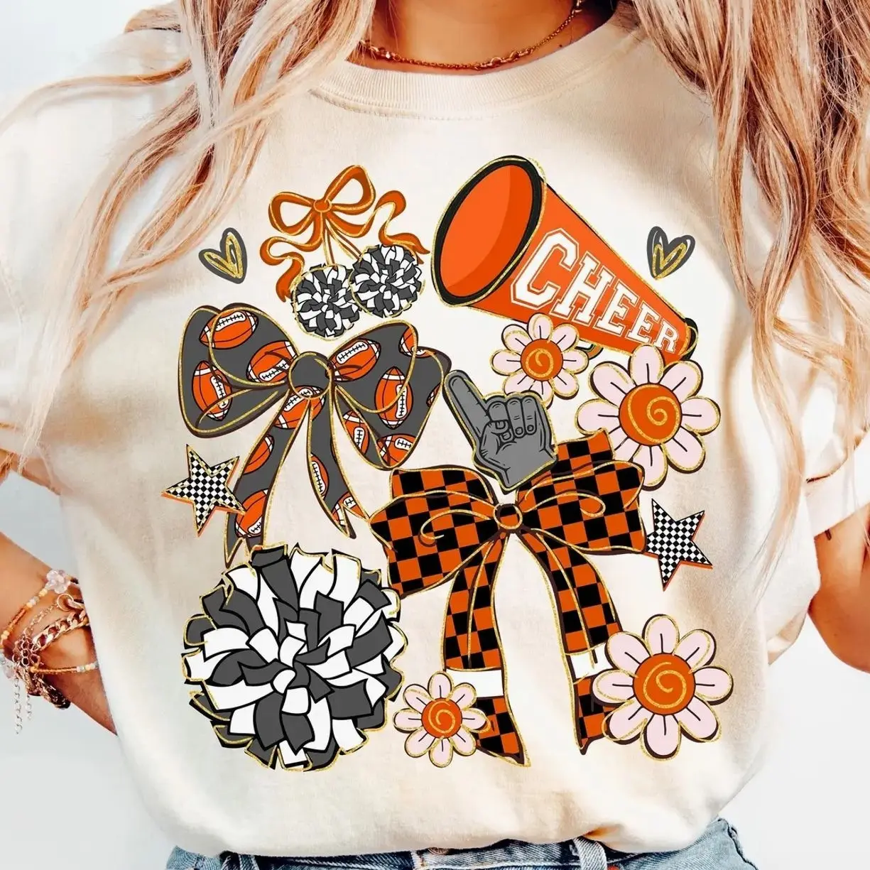 Cheer Coquette T-Shirt, Orange Cheer Mom Shirt Design, Cheerleading T-Shirt, Cheer Season T-Shirt, Team Spirit T-Shirt DF68Y