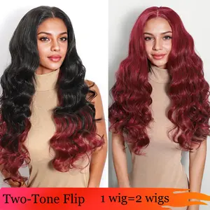 Karlami Hair Double Wear Wig 99J and Natural Black Two-Tone Flip Lace Wig 100% Human Hair Wigs Loose Body Wave Wigs