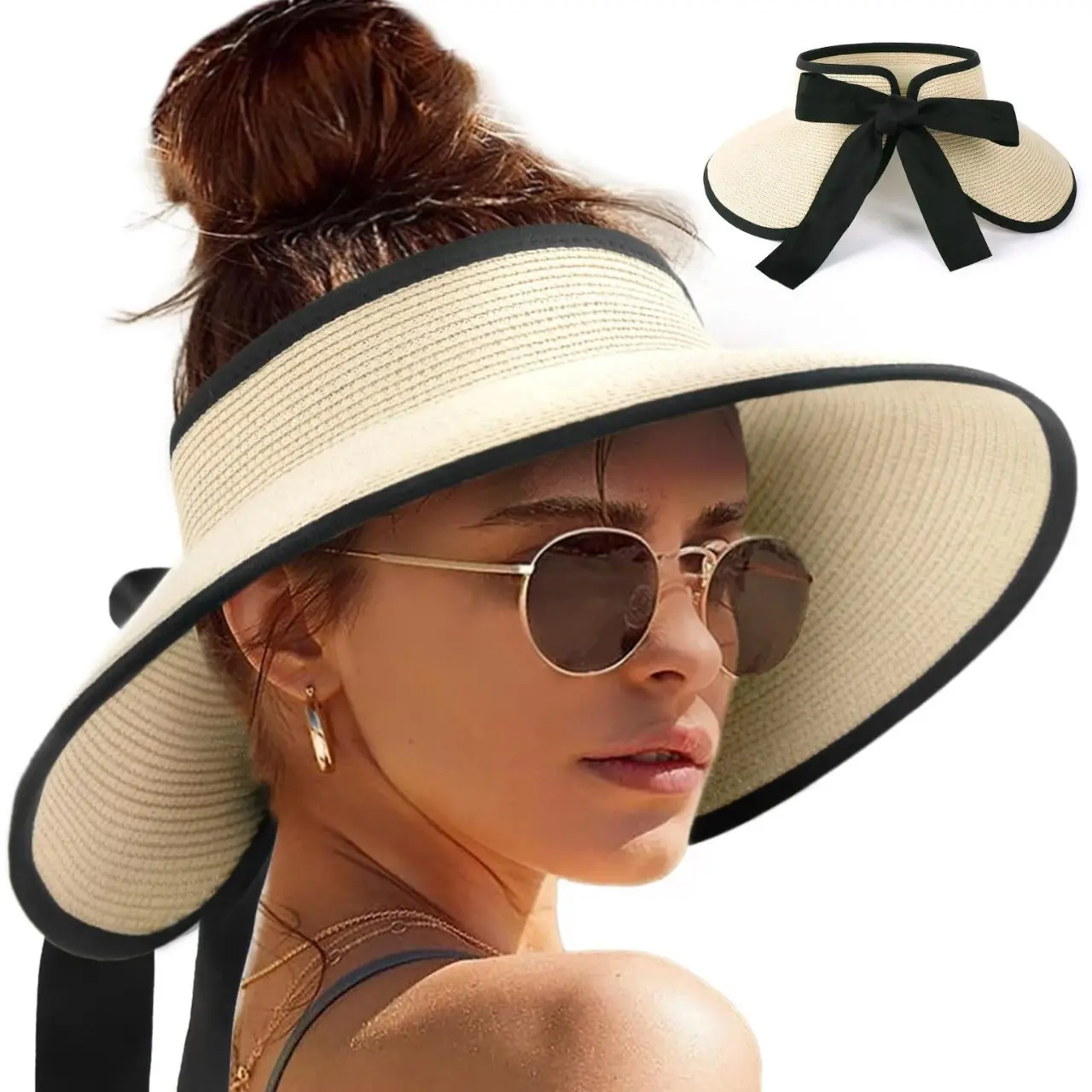 Sun Hats for Women Wide Brim Beach Hat Straw Visor Ponytail Summer UV Packable Foldable Beach Vacation Essentials