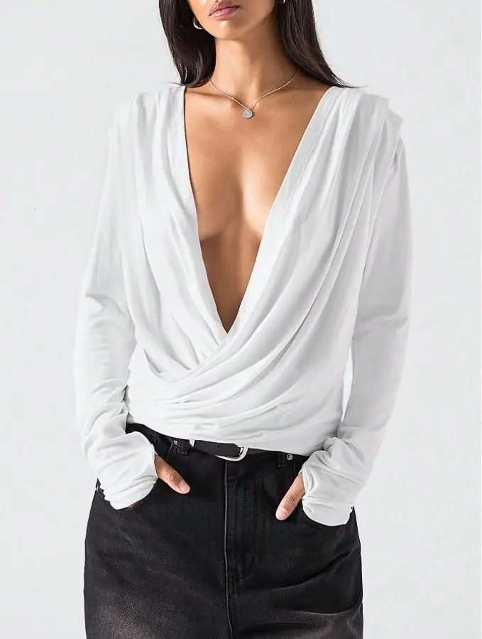 LYSMO Women's Solid Color Long Sleeve Plunging Neck Fashionable Versatile Sexy Blouse