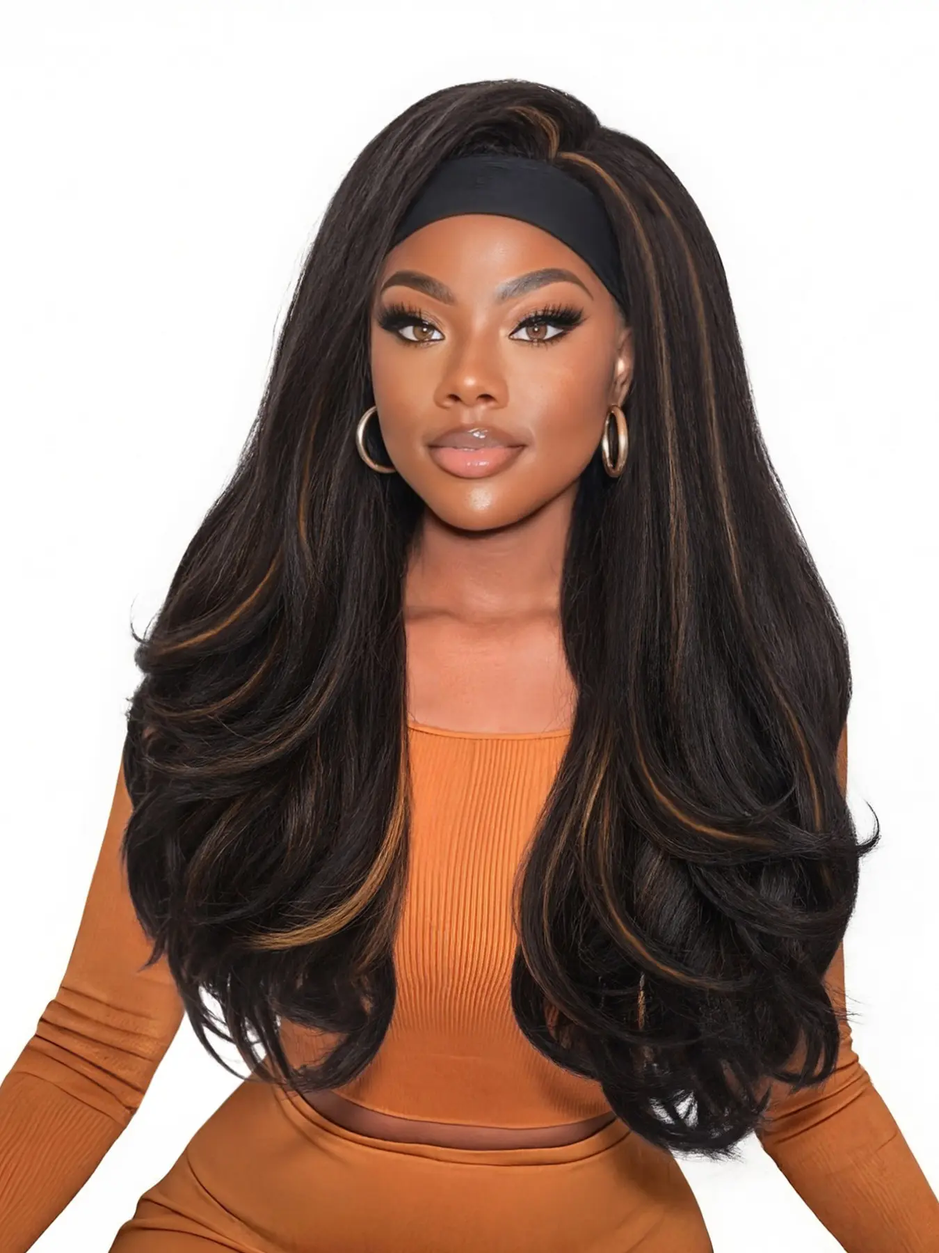 26 Inch Yaki Wavy Headband Wig for Women, Kinky Straight Half Wig, Layered Blowout Texture, Glueless Wear and Go, Natural-Looking, Wavy Wigs, Glueless Synthetic Wig, No Glue Wig, Artificial Wig