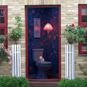 2pcs Warm Romantic Pink Flower Bathroom Wall Stickers Cute Puppy Toilet Decorative Decals Self Adhesive Removable Wallpaper Stickers Waterproof Bathroom Tile Stickers Living Room Bedroom Background Wall