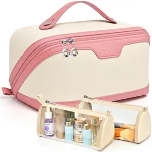 Travel Makeup Bag,3-Set Large Capacity PU Leather Cosmetic Organizer,Waterproof Toiletry Bag for Women,Portable with Handle & Divider & Wide Open