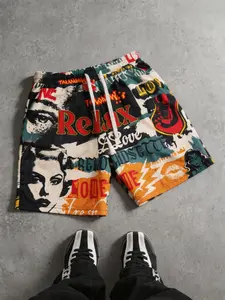 Men's summer Fashion shorts, made of light and breathable fabric, Elastic, can be worn in many scenes during summer vacation at home and Outdoor, full of retro and Vintage poster printing, Y2K style, Graphic Print Shorts
