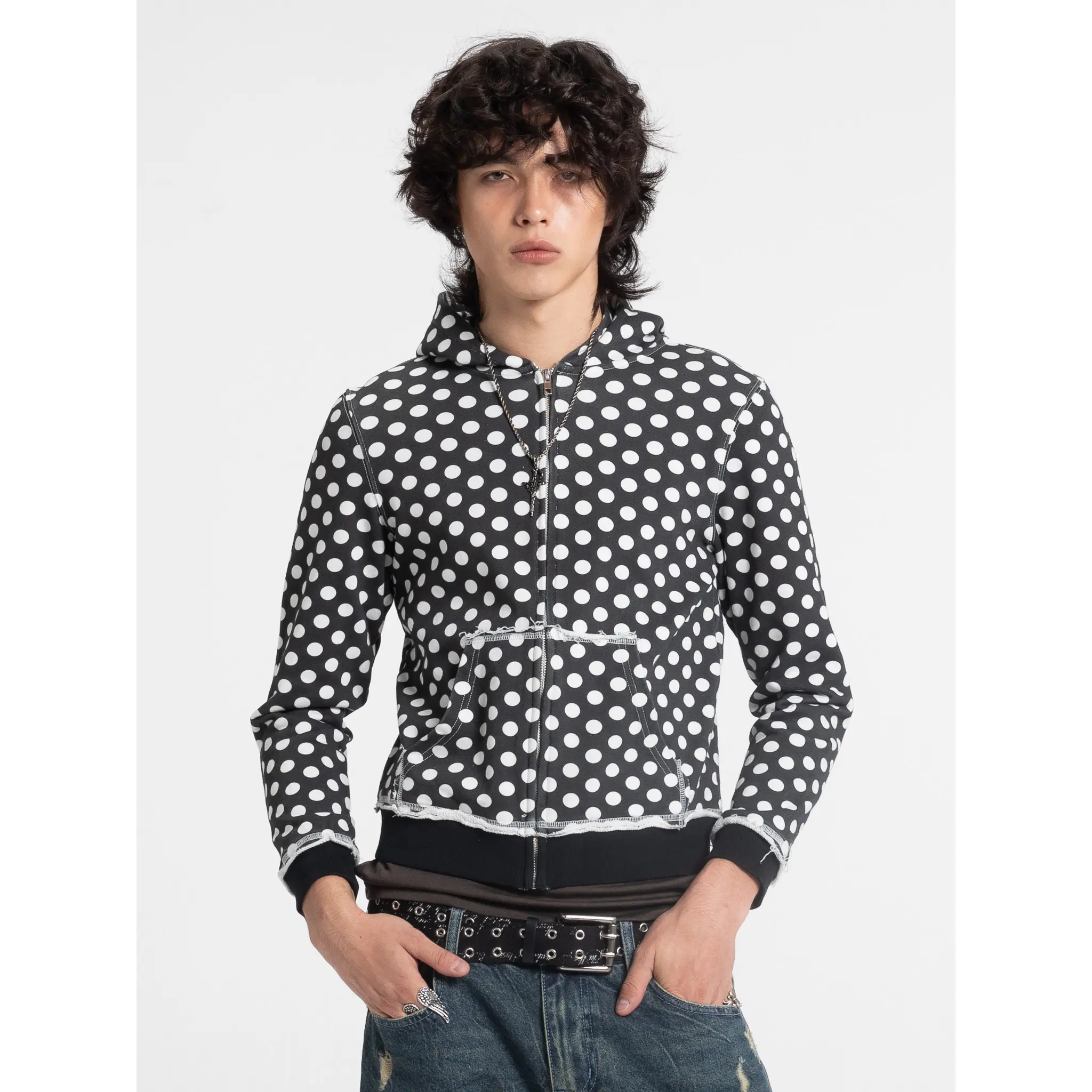 Black Polka Dot Slim Zip Hoodie