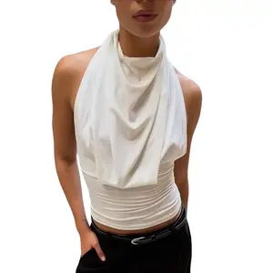 Women's 2026 Summer New Cowl Neck Halter Open Back Draped Ruched Waist Sleeveless Slim Fit Cami Top for Sexy Lady's Casual Outfit Minimalist Elegant Going Out Blouse summerwins