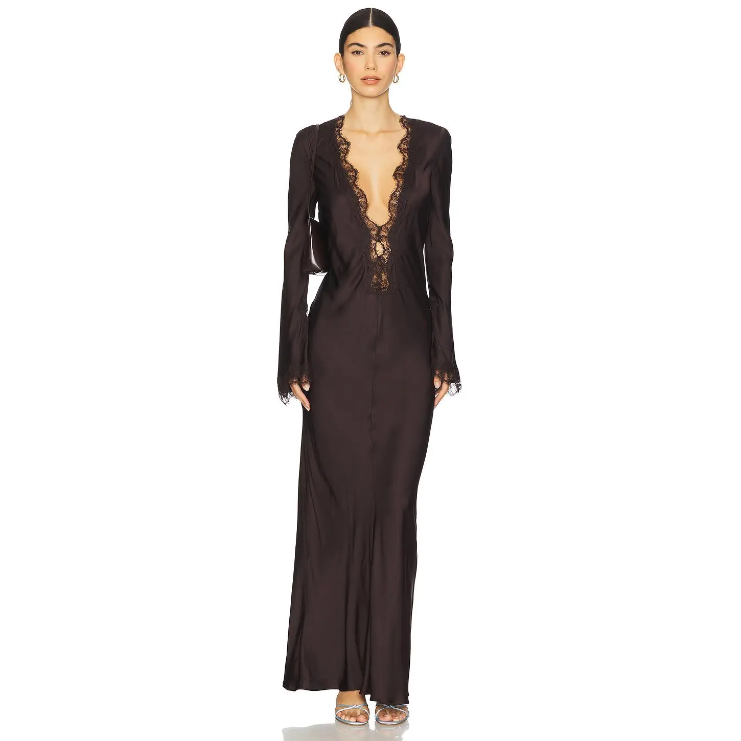 Shona Joy Allegra Lace Plunged Maxi Dress in Espresso