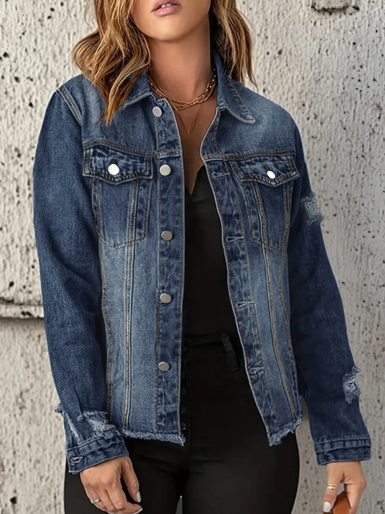[Plus Size] Solid Ripped Button Front Fitted Collared Denim Jacket Coats, Casual Long Sleeve Pocket Outerwear for Summer, Women's Clothes for Daily Wear, Basic