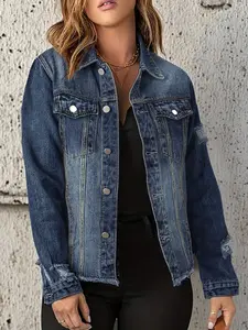 【Plus Size】 Solid Ripped Fitted Button Front Denim Jacket, Casual Long Sleeve Pocket Outerwear for Summer, Women's Clothes for Daily Wear