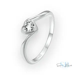 Diamond Solitaire Heart Sterling Silver Ring