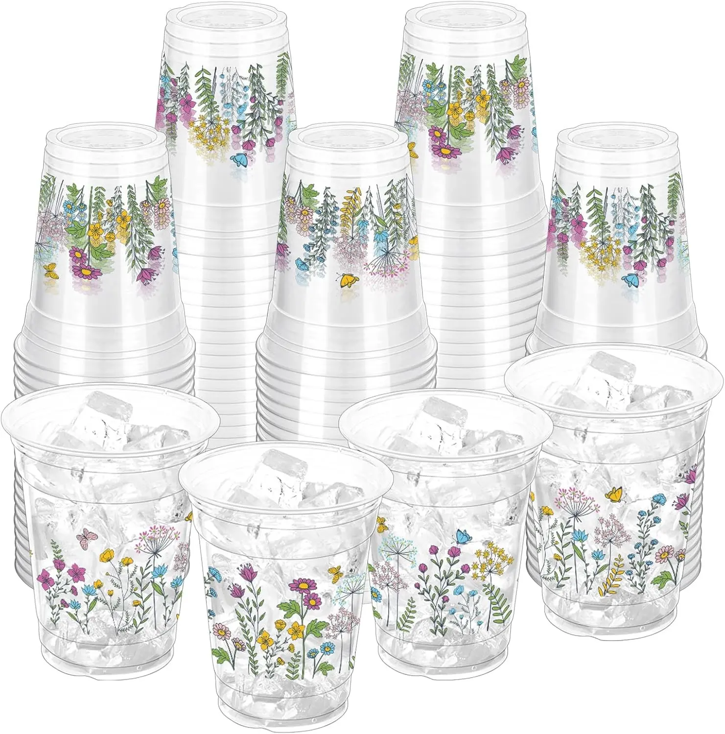 100 Pcs 12 oz Wildflower Plastic Disposable Cups Vintage Floral Drinking Cups for Spring Summer Groovy Party Baby Shower Birthday Party Supplies