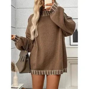 Plus Size Casual Round Neck Striped Colorblock Knit Pullover Long Sleeve Sweater, Women's Fall & Winter Fashion, Comfortable and Stylish