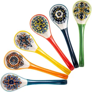 Asian Soup Spoon Set of 6 – Boho Ceramic Ramen Spoon with Long Handle, Deep Soup Spoons for Japanese Ramen, Pho, Dumplings, Miso, Wonton – Dishwasher Safe