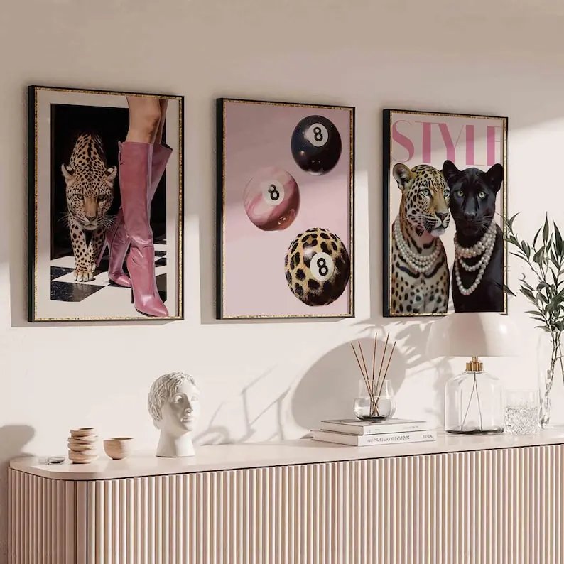 Pink Leopard Wall Art Set Black and White Gallery 3 Trendy Fashion Stylish Prints Decor Office Aesthetic Girly Wall Art Fashion Magazine