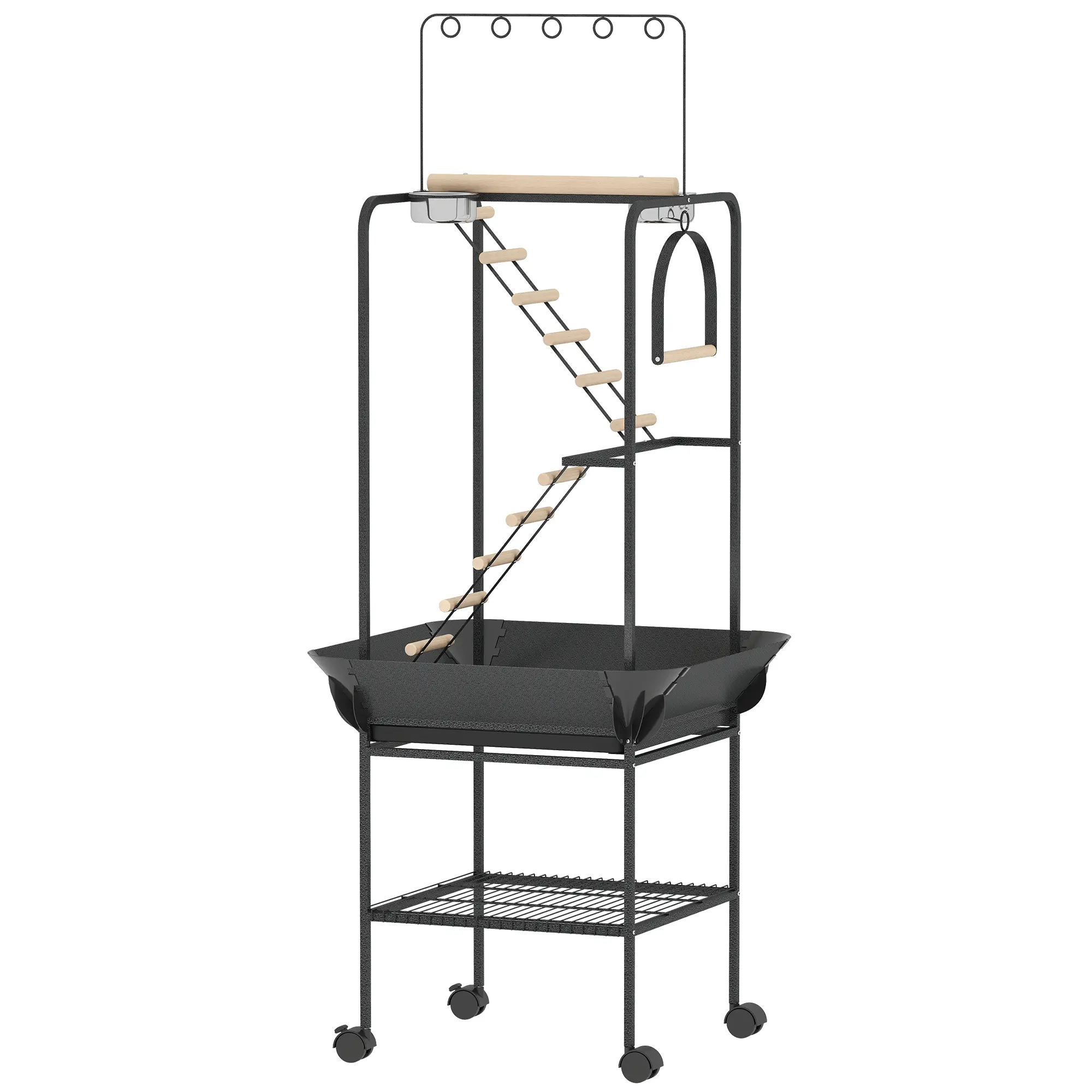 64in Rolling Bird Playground Parrot Stand, Pet Bird Perch with Seed Guard, Wheels, Ladders, Swing, Toy Hook and Bowls
